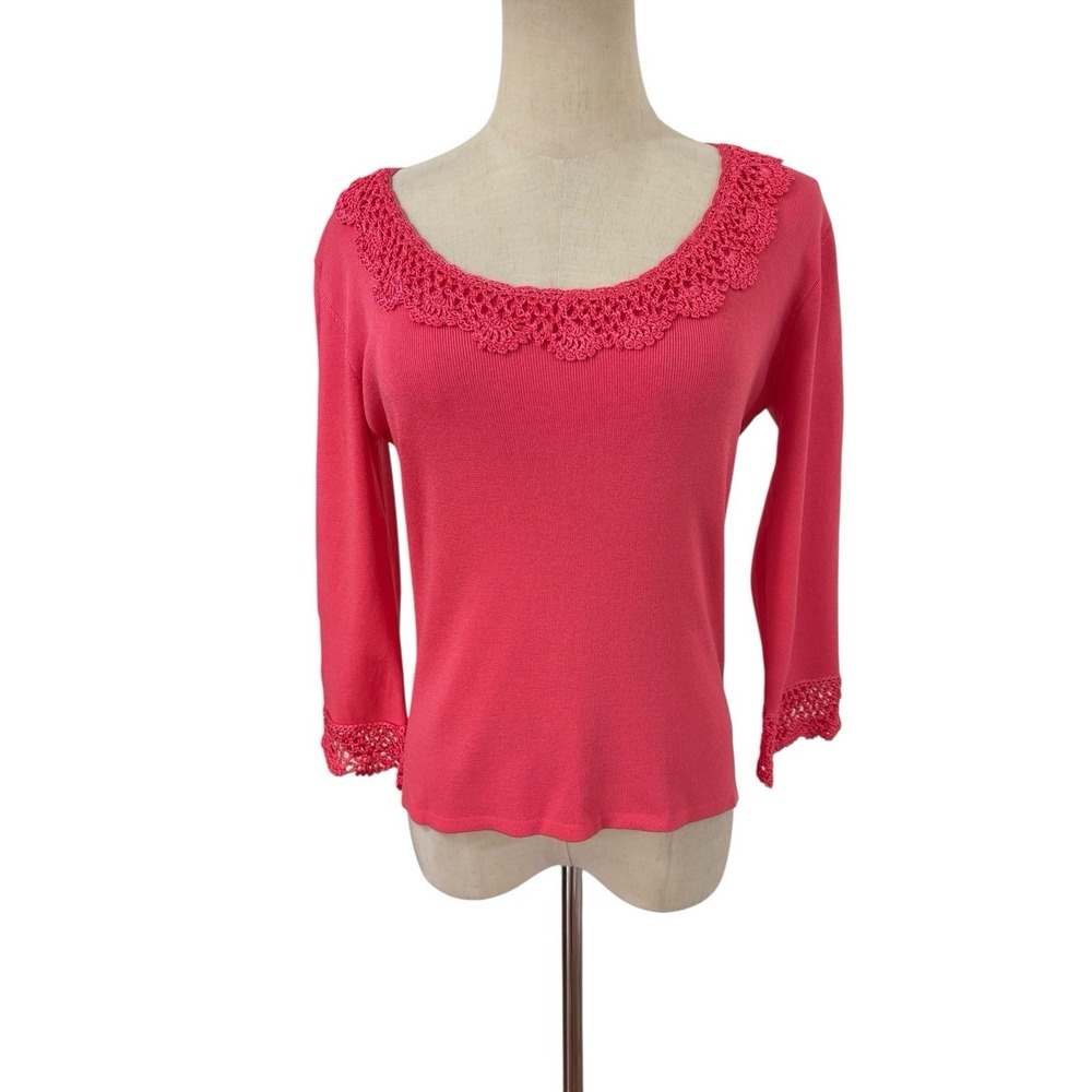 Vtg 90 Y2K JAC By Joseph A‎ Pink Coral Knit Top Crochet Lace Sz M Preppy Boho